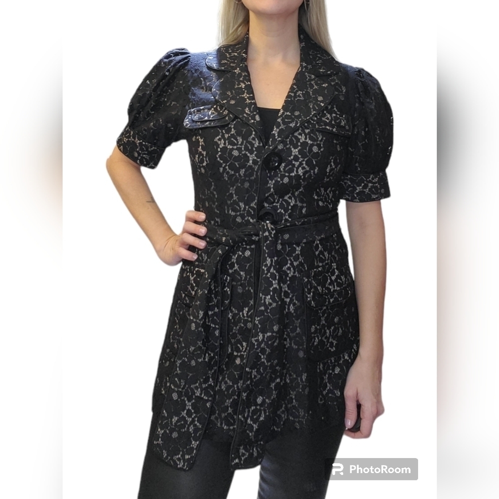 Vintage Y2K Black Lace Duster Jacket With Puff Sleeves Size 4